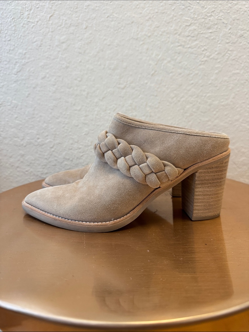 Dolce Vita Serla Braided Suede Pointed Toe Block Heel Mules - Tan / Taupe
